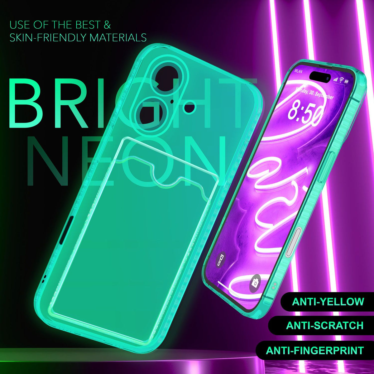 NALIA Neon Silikonhülle für iPhone 16 Plus – Kartenfach & Knallige Signal-Farbe – CARDPOP (Anti-Shock Handyhülle) – Marke aus Berlin