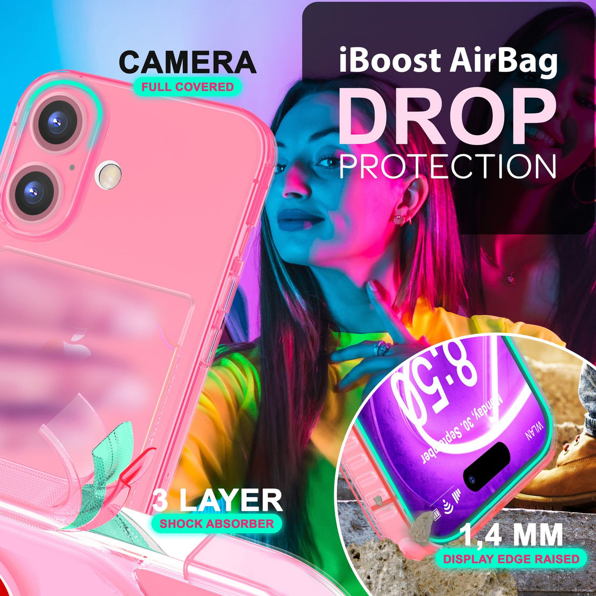 NALIA Neon Silikonhülle für iPhone 16 Plus – Kartenfach & Knallige Signal-Farbe – CARDPOP (Anti-Shock Handyhülle) – Marke aus Berlin