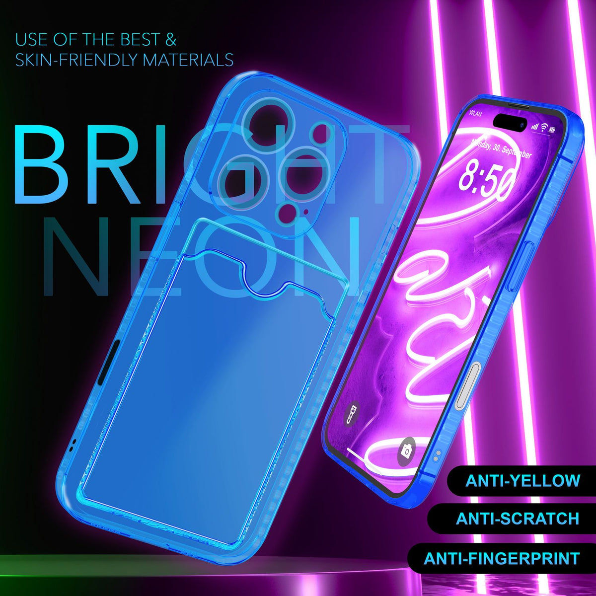 NALIA Neon Silikonhülle für iPhone 16 Pro – Kartenfach & Knallige Signal-Farbe – CARDPOP (Anti-Shock Handyhülle) – Marke aus Berlin