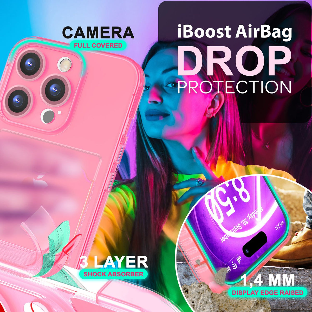 NALIA Neon Silikonhülle für iPhone 16 Pro – Kartenfach & Knallige Signal-Farbe – CARDPOP (Anti-Shock Handyhülle) – Marke aus Berlin
