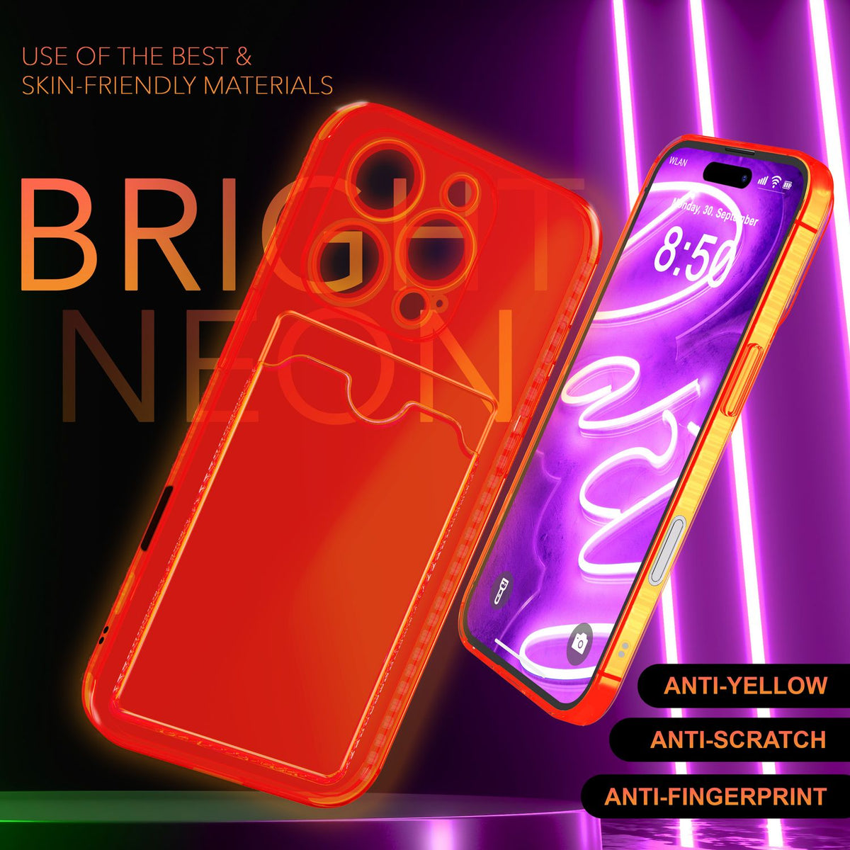 NALIA Neon Silikonhülle für iPhone 16 Pro – Kartenfach & Knallige Signal-Farbe – CARDPOP (Anti-Shock Handyhülle) – Marke aus Berlin