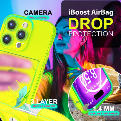 NALIA Neon Silikonhülle für iPhone 16 Pro – Kartenfach & Knallige Signal-Farbe – CARDPOP (Anti-Shock Handyhülle) – Marke aus Berlin
