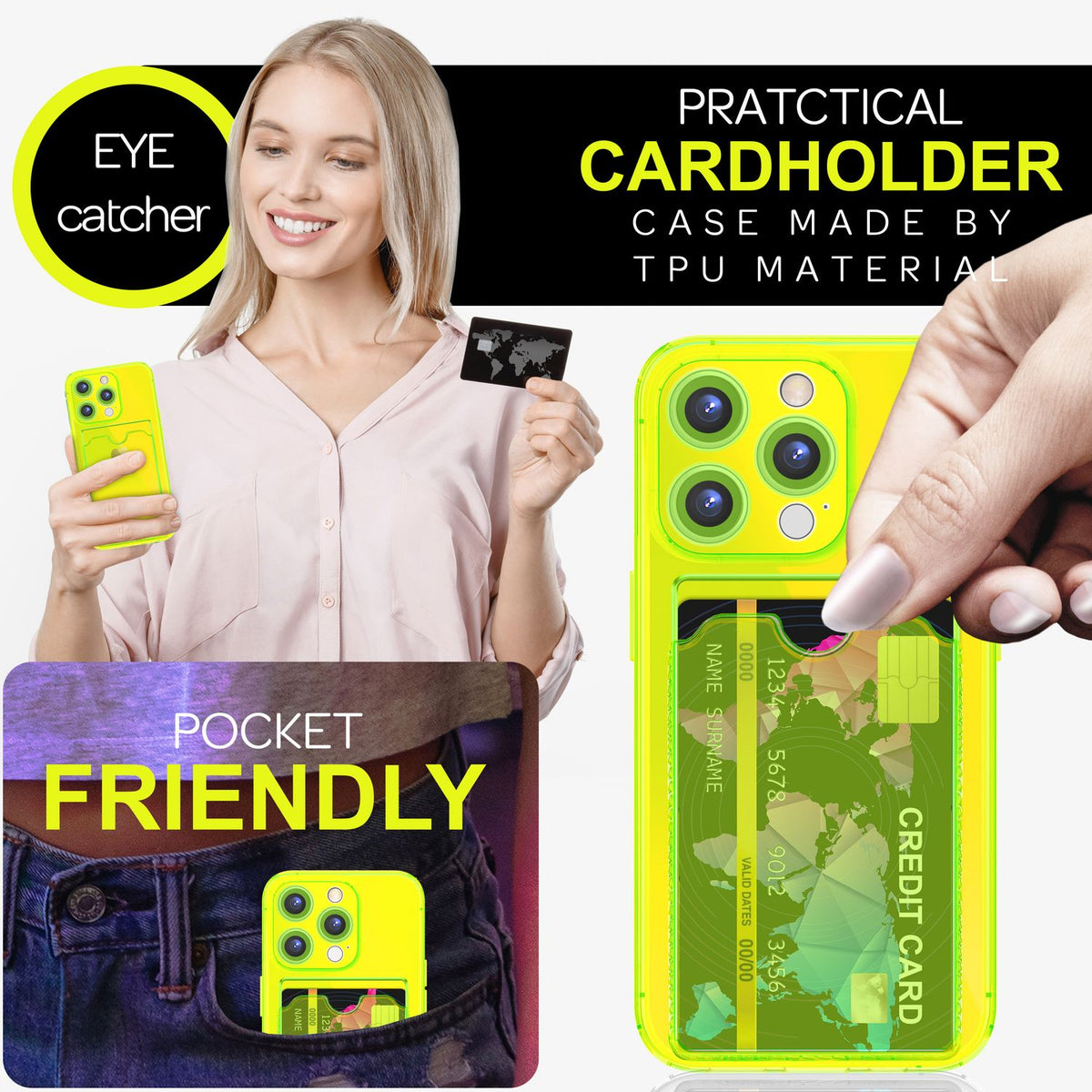 NALIA Neon Silikonhülle für iPhone 16 Pro – Kartenfach & Knallige Signal-Farbe – CARDPOP (Anti-Shock Handyhülle) – Marke aus Berlin