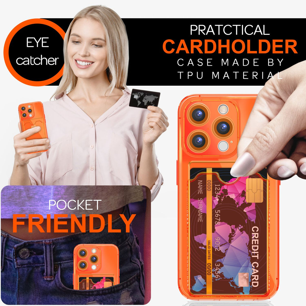 NALIA Neon Silikonhülle für iPhone 16 Pro – Kartenfach & Knallige Signal-Farbe – CARDPOP (Anti-Shock Handyhülle) – Marke aus Berlin