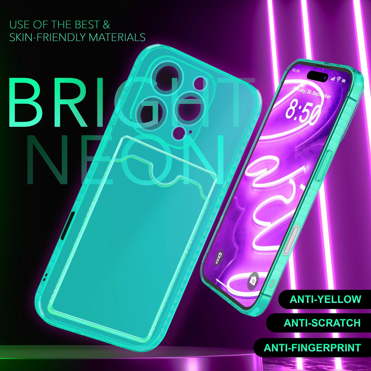 NALIA Neon Silikonhülle für iPhone 16 Pro Max – Kartenfach & Knallige Signal-Farbe – CARDPOP (Anti-Shock Handyhülle) – Marke aus Berlin
