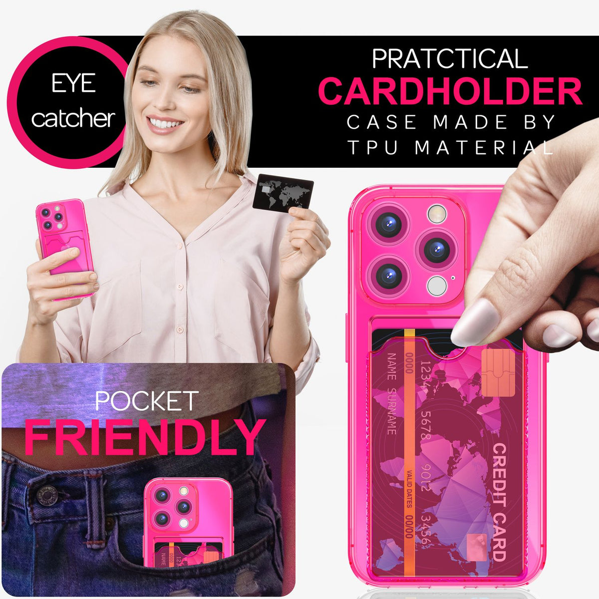 NALIA Neon Silikonhülle für iPhone 16 Pro Max – Kartenfach & Knallige Signal-Farbe – CARDPOP (Anti-Shock Handyhülle) – Marke aus Berlin