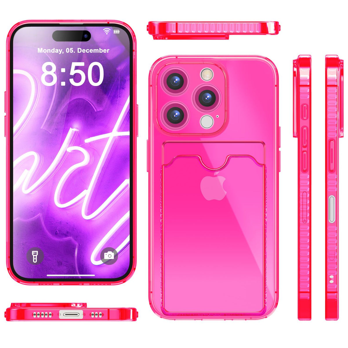 NALIA Neon Silikonhülle für iPhone 16 Pro Max – Kartenfach & Knallige Signal-Farbe – CARDPOP (Anti-Shock Handyhülle) – Marke aus Berlin