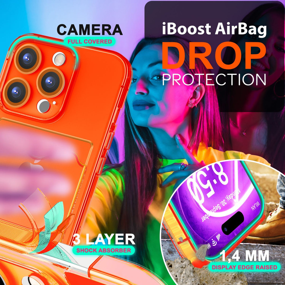 NALIA Neon Silikonhülle für iPhone 16 Pro Max – Kartenfach & Knallige Signal-Farbe – CARDPOP (Anti-Shock Handyhülle) – Marke aus Berlin