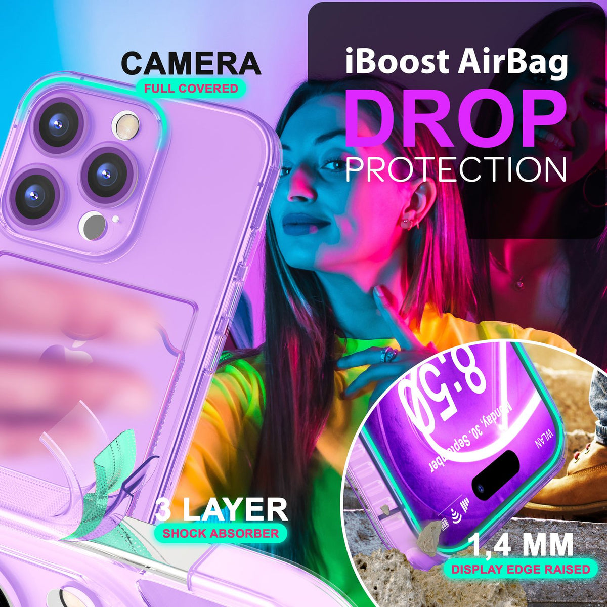 NALIA Neon Silikonhülle für iPhone 16 Pro Max – Kartenfach & Knallige Signal-Farbe – CARDPOP (Anti-Shock Handyhülle) – Marke aus Berlin