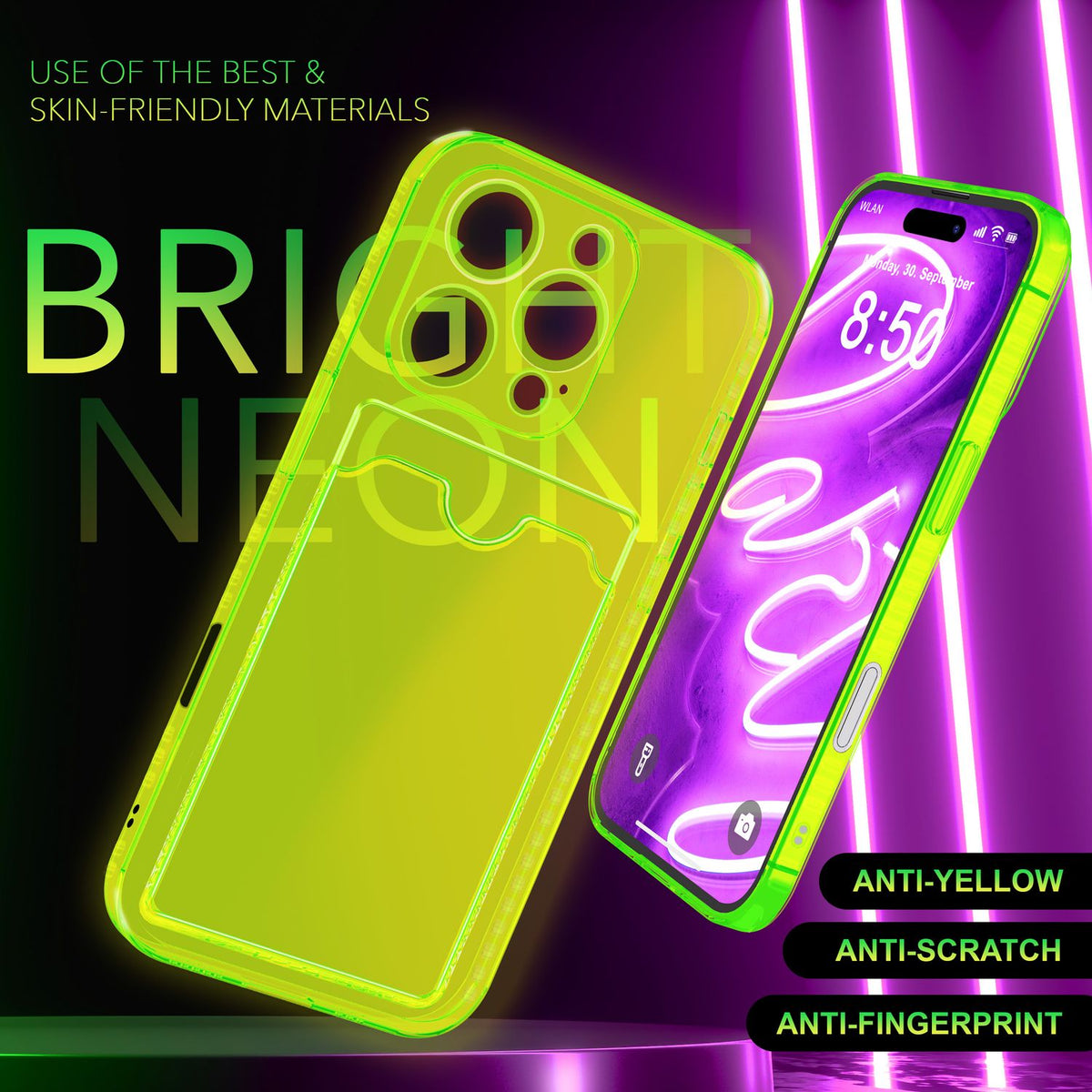 NALIA Neon Silikonhülle für iPhone 16 Pro Max – Kartenfach & Knallige Signal-Farbe – CARDPOP (Anti-Shock Handyhülle) – Marke aus Berlin