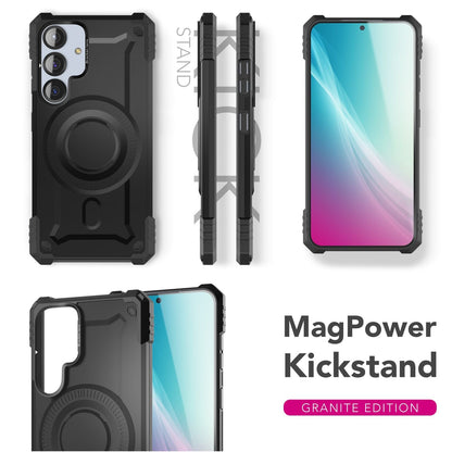 NALIA Magnetische Panzerhülle für Samsung Galaxy S25 – MagSafe kompatibel & Kamera-Stand – GRANITE (Outdoor Schutzhülle Stoßfest) – Marke aus Berlin