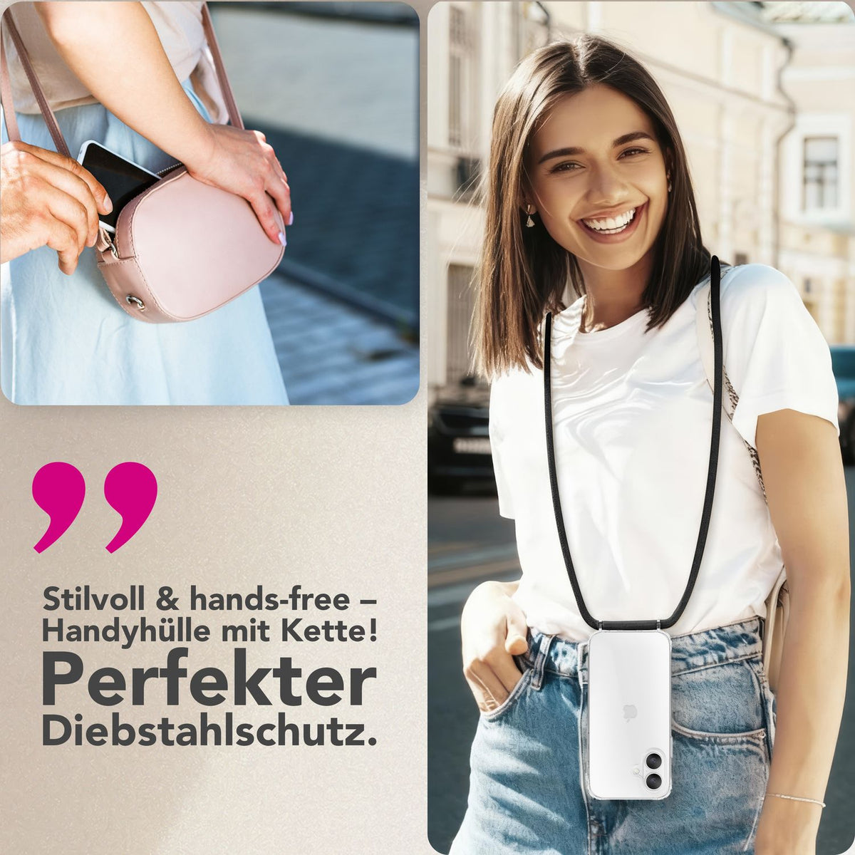 NALIA Handykette für iPhone 17 – Transparentes Hybrid-Case & Band – HANGIT PRO (Anti-Gelb Rückseite & Verstellbar) – Marke aus Berlin