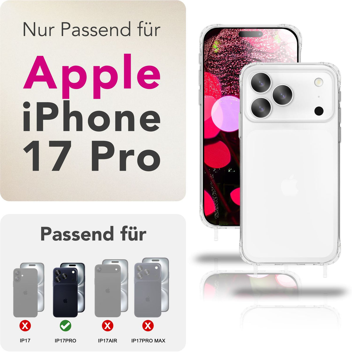 NALIA Handykette für iPhone 18 Pro / 17 Pro – Transparentes Hybrid-Case & Band – HANGIT PRO (Anti-Gelb Rückseite & Verstellbar) – Marke aus Berlin