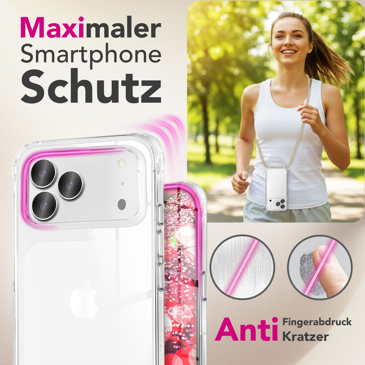 NALIA Handykette für iPhone 18 Pro / 17 Pro – Transparentes Hybrid-Case & Band – HANGIT PRO (Anti-Gelb Rückseite & Verstellbar) – Marke aus Berlin