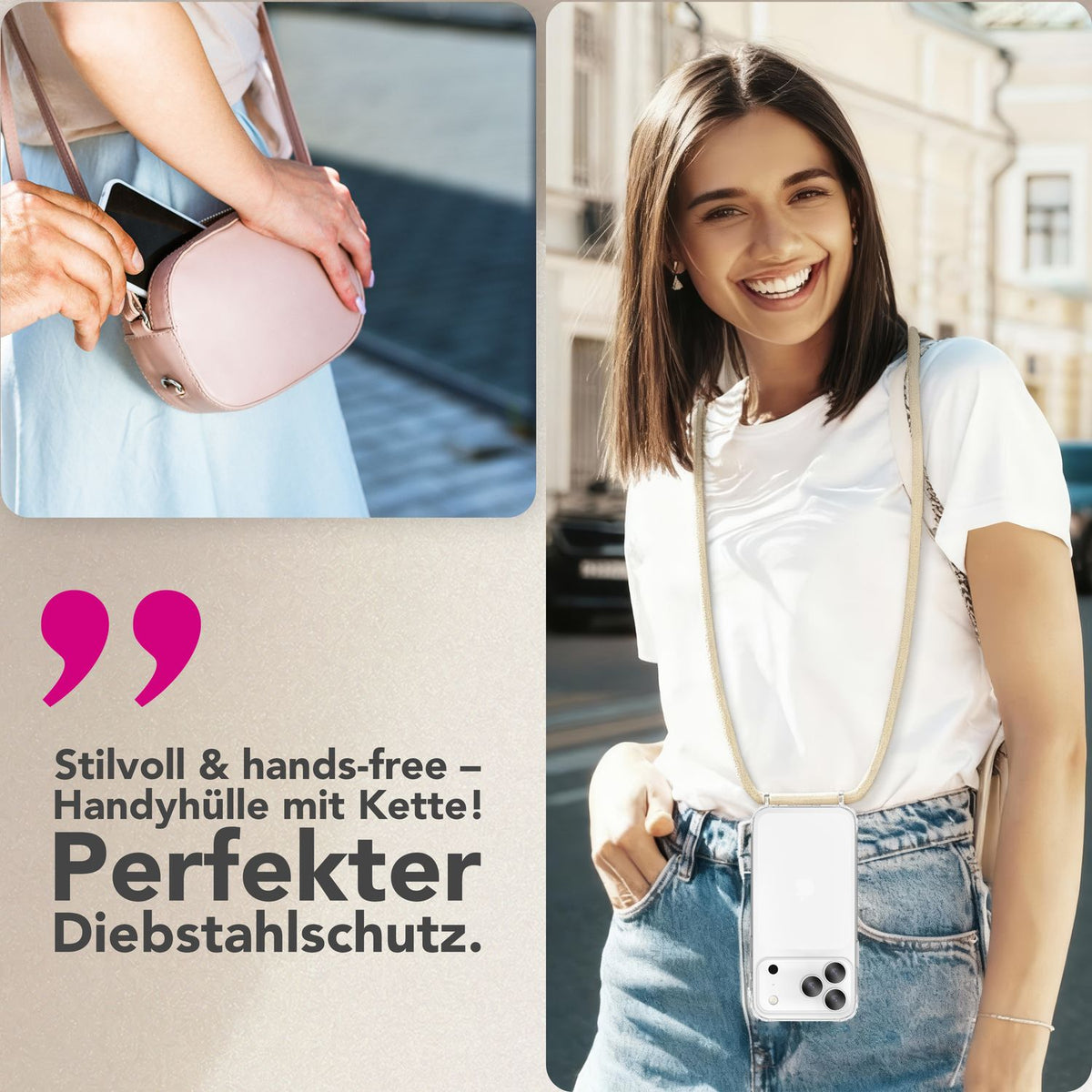 NALIA Handykette für iPhone 18 Pro / 17 Pro – Transparentes Hybrid-Case & Band – HANGIT PRO (Anti-Gelb Rückseite & Verstellbar) – Marke aus Berlin