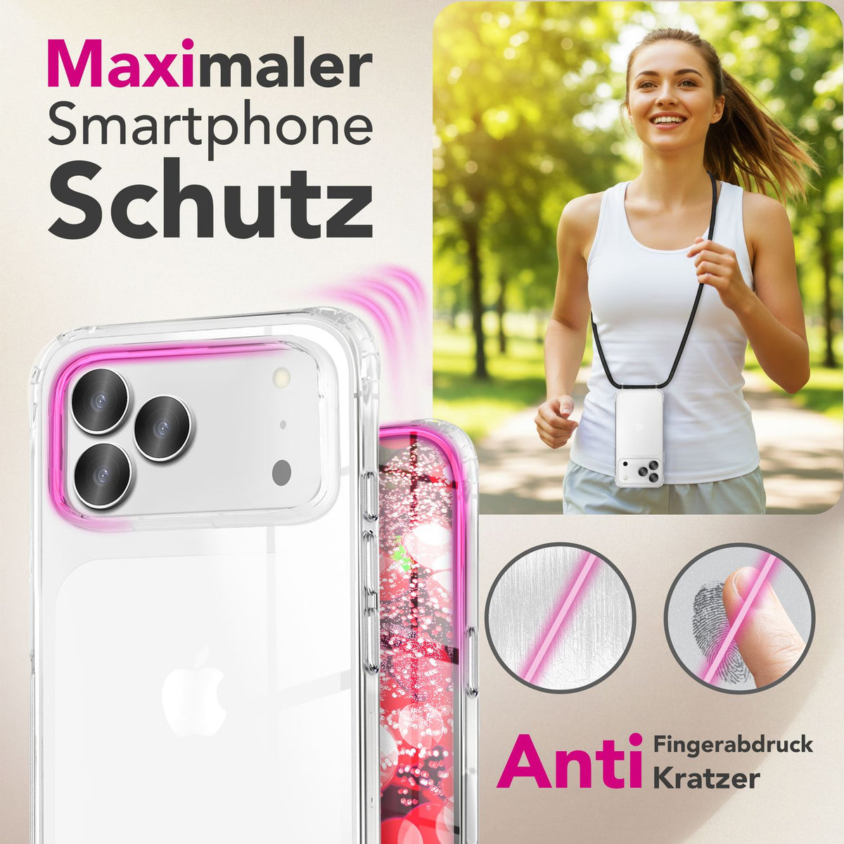 NALIA Handykette für iPhone 18 Pro / 17 Pro – Transparentes Hybrid-Case & Band – HANGIT PRO (Anti-Gelb Rückseite & Verstellbar) – Marke aus Berlin