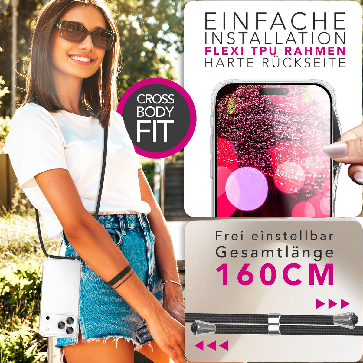 NALIA Handykette für iPhone 18 Pro / 17 Pro – Transparentes Hybrid-Case & Band – HANGIT PRO (Anti-Gelb Rückseite & Verstellbar) – Marke aus Berlin