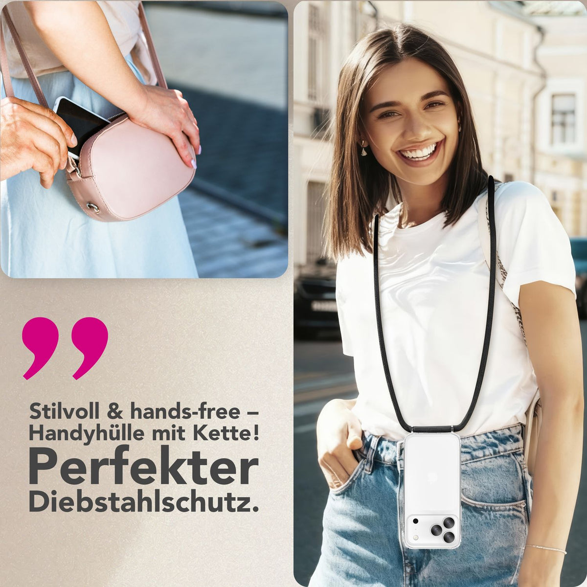 NALIA Handykette für iPhone 18 Pro / 17 Pro – Transparentes Hybrid-Case & Band – HANGIT PRO (Anti-Gelb Rückseite & Verstellbar) – Marke aus Berlin