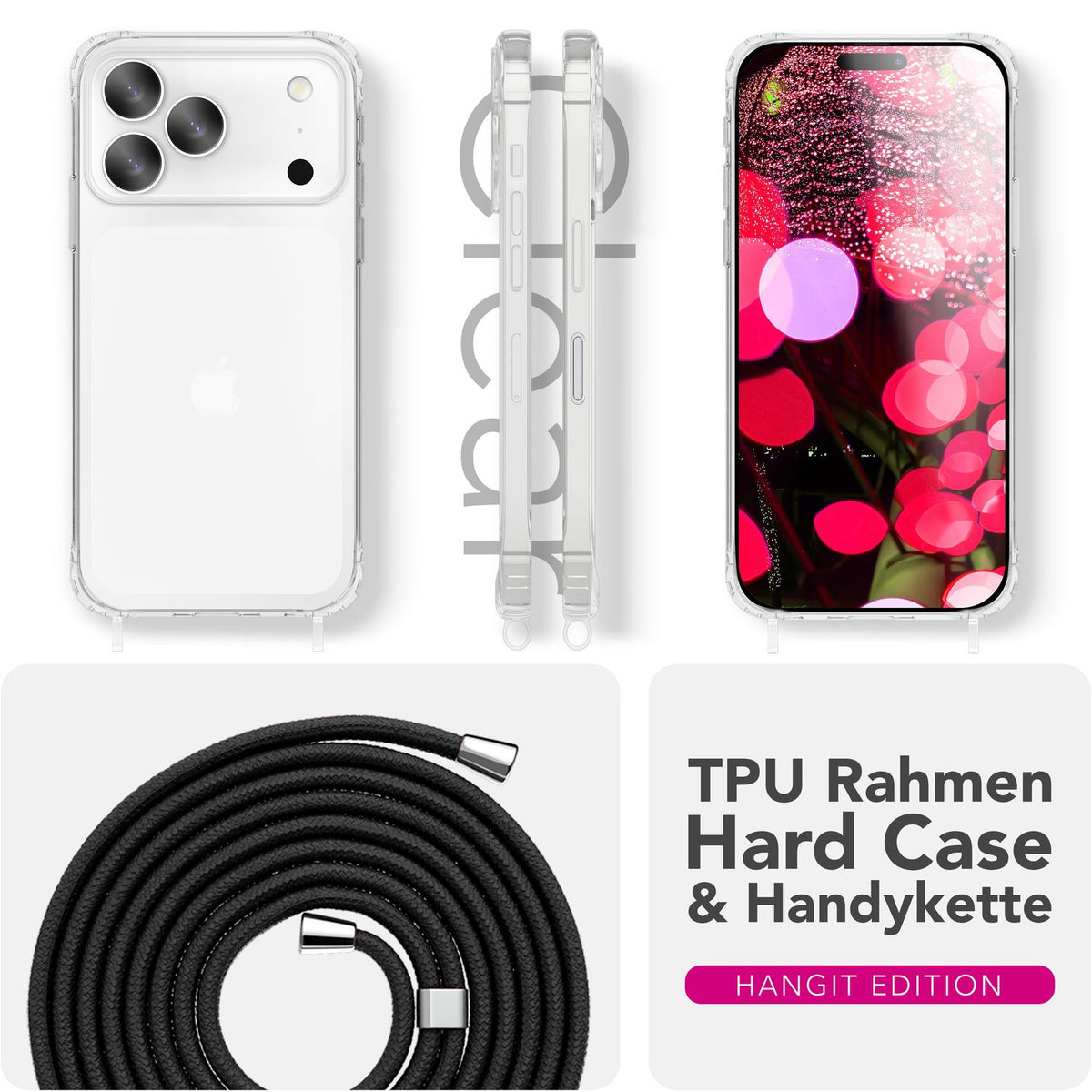 NALIA Handykette für iPhone 18 Pro / 17 Pro – Transparentes Hybrid-Case & Band – HANGIT PRO (Anti-Gelb Rückseite & Verstellbar) – Marke aus Berlin