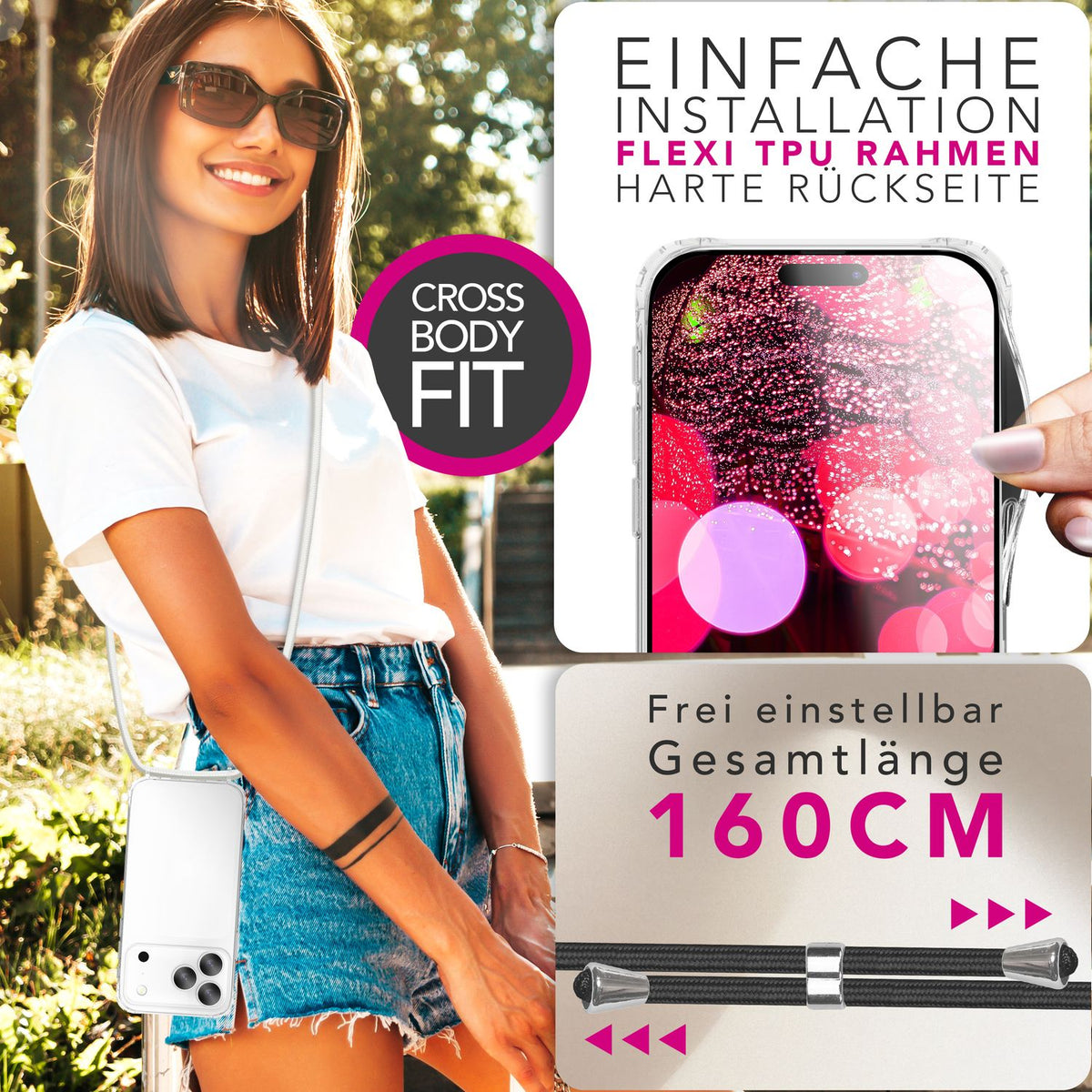 NALIA Handykette für iPhone 18 Pro / 17 Pro – Transparentes Hybrid-Case & Band – HANGIT PRO (Anti-Gelb Rückseite & Verstellbar) – Marke aus Berlin