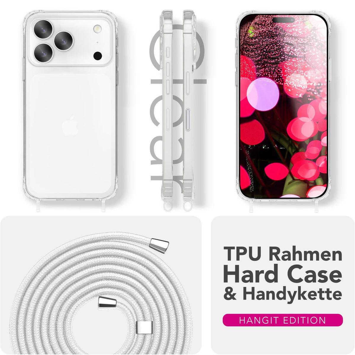 NALIA Handykette für iPhone 18 Pro / 17 Pro – Transparentes Hybrid-Case & Band – HANGIT PRO (Anti-Gelb Rückseite & Verstellbar) – Marke aus Berlin