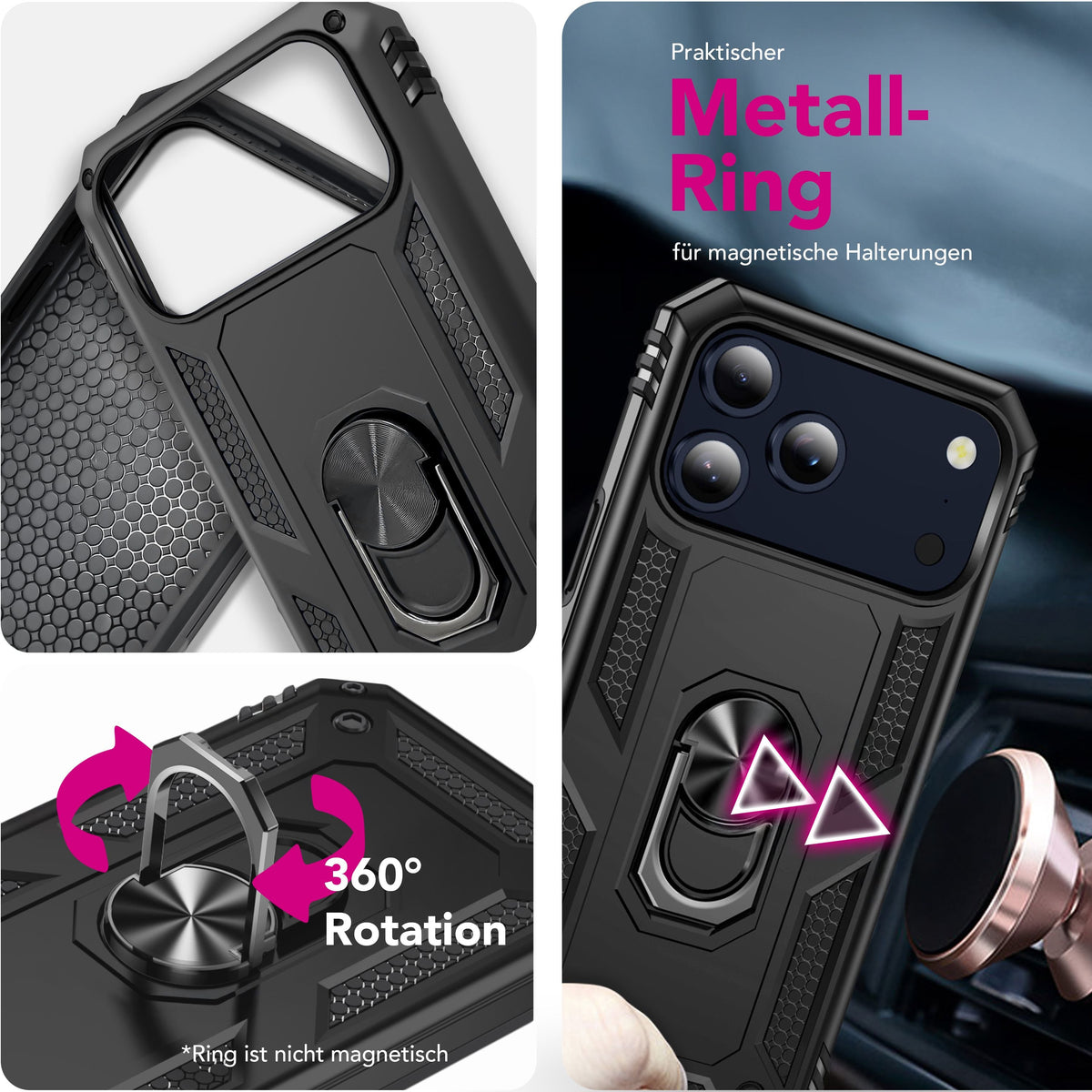 NALIA Panzerhülle für iPhone 18 Pro / 17 Pro – Ring-Ständer 360° & Magnet-Halterung Kompatibel – RINGDEFEND (Stoßfestes Outdoor Case) – Marke aus Berlin