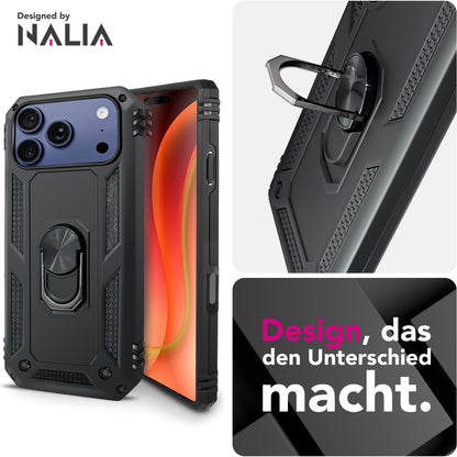 NALIA Panzerhülle für iPhone 18 Pro / 17 Pro – Ring-Ständer 360° & Magnet-Halterung Kompatibel – RINGDEFEND (Stoßfestes Outdoor Case) – Marke aus Berlin