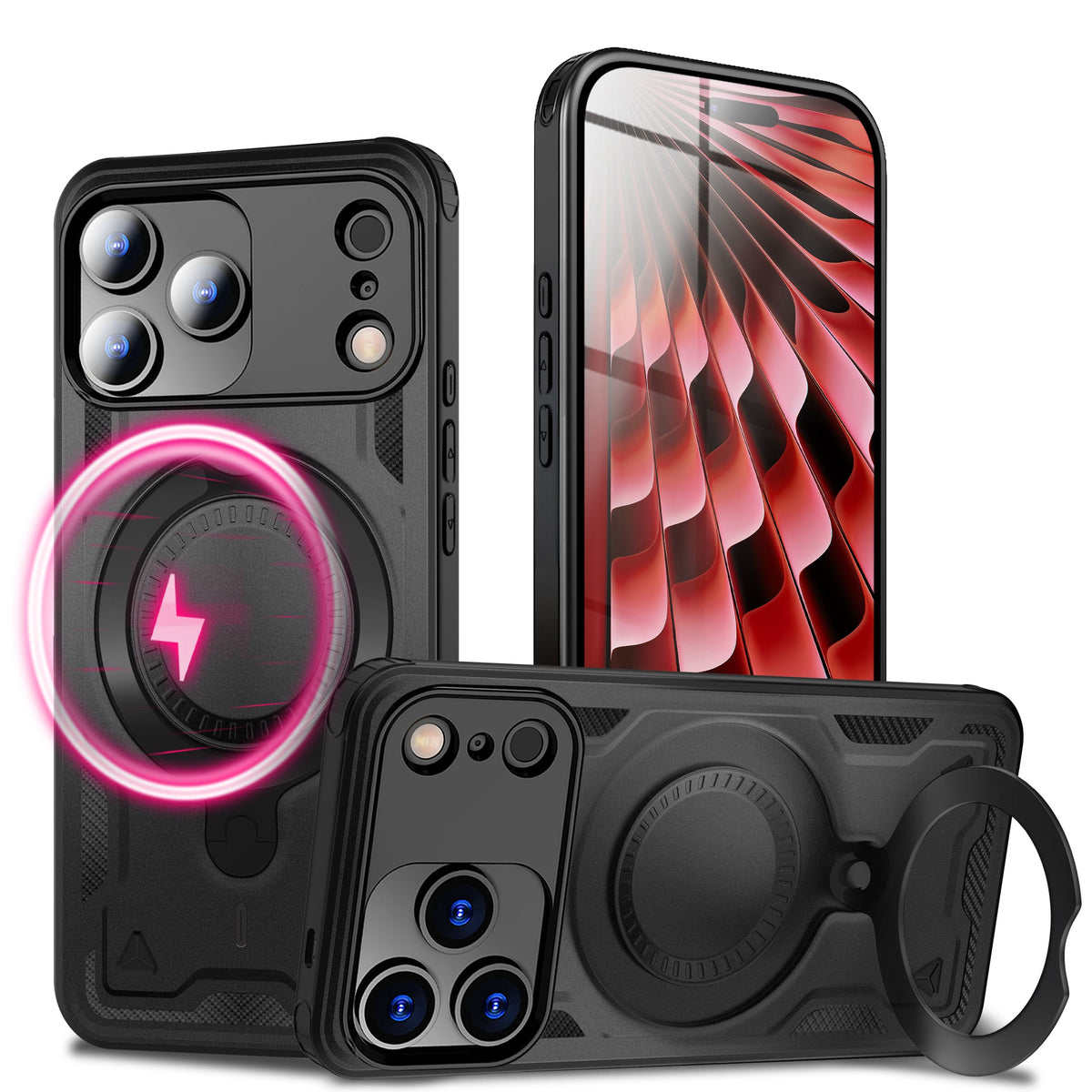 NALIA Magnetische Panzerhülle für iPhone 18 Pro / 17 Pro – Ring-Halterung 360° & MagSafe kompatibel – STORMGUARD (Outdoor Case) – Marke aus Berlin