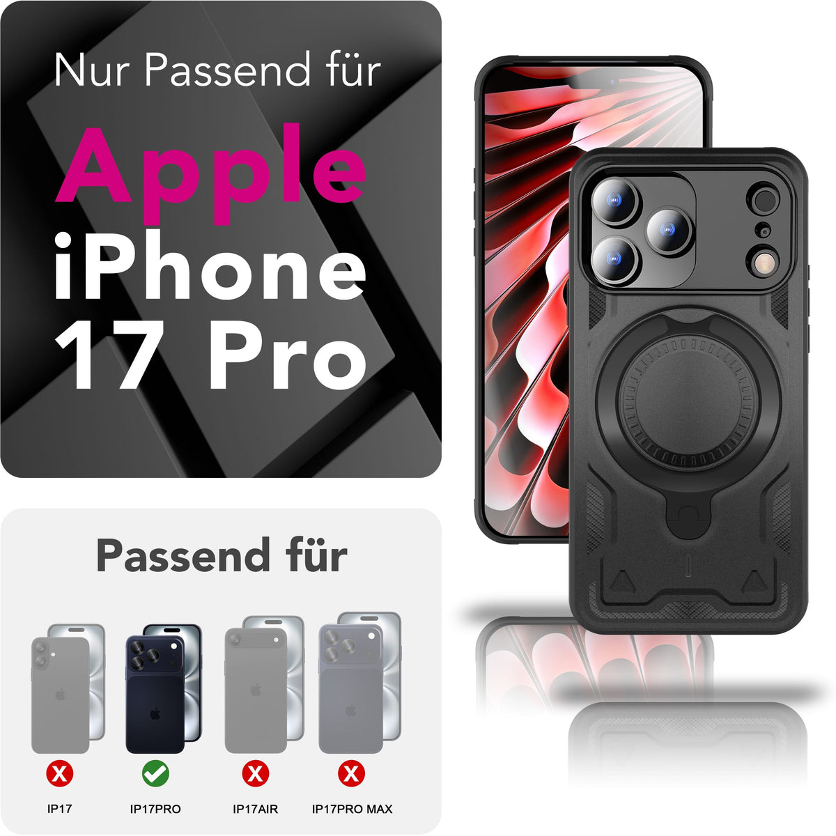 NALIA Magnetische Panzerhülle für iPhone 18 Pro / 17 Pro – Ring-Halterung 360° & MagSafe kompatibel – STORMGUARD (Outdoor Case) – Marke aus Berlin