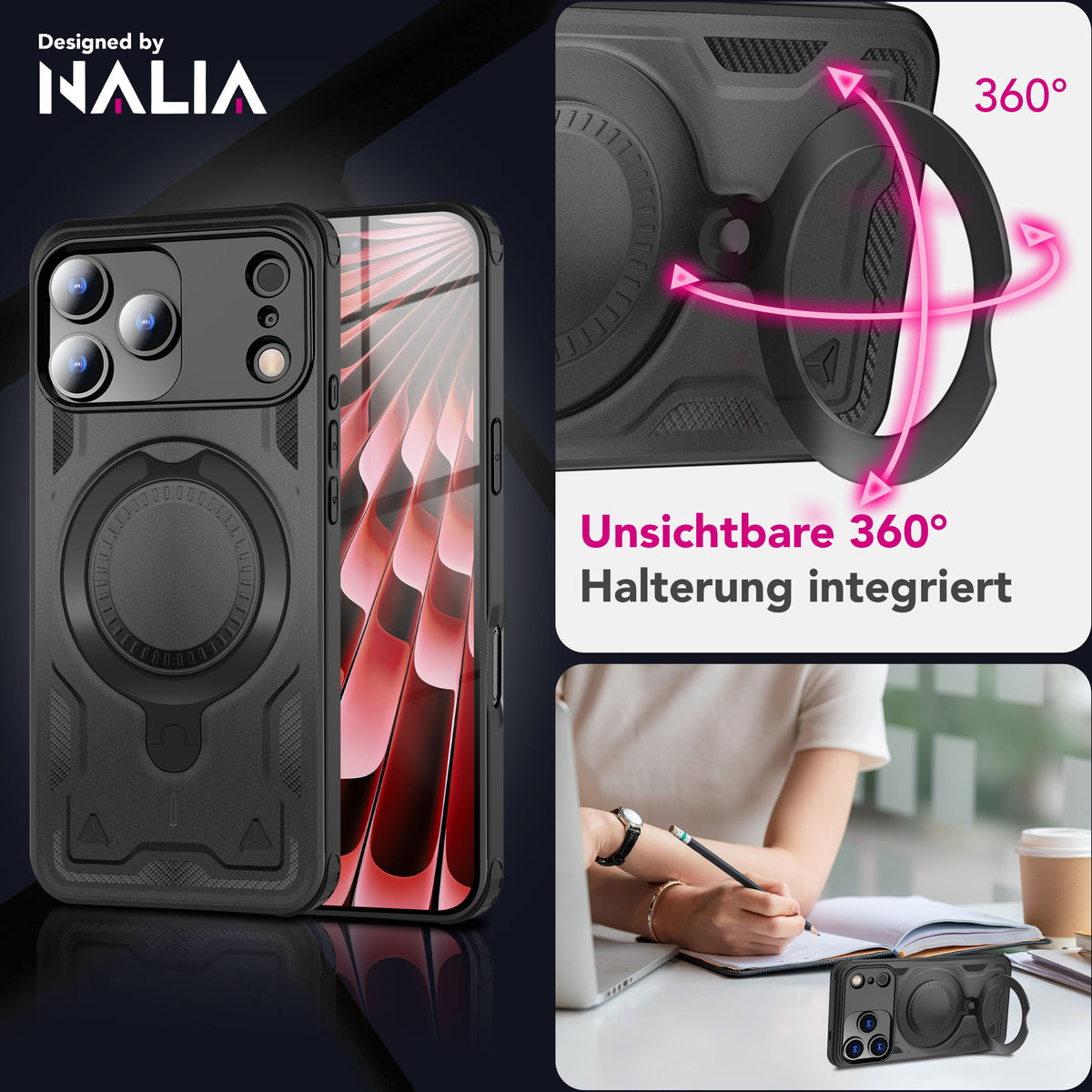 NALIA Magnetische Panzerhülle für iPhone 18 Pro / 17 Pro – Ring-Halterung 360° & MagSafe kompatibel – STORMGUARD (Outdoor Case) – Marke aus Berlin