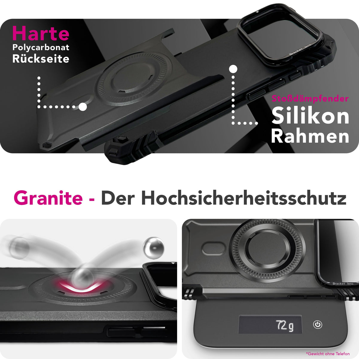 NALIA Magnetische Panzerhülle für iPhone 18 Pro / 17 Pro – MagSafe kompatibel & Kamera-Stand – GRANITE (Outdoor Schutzhülle Stoßfest) – Marke aus Berlin