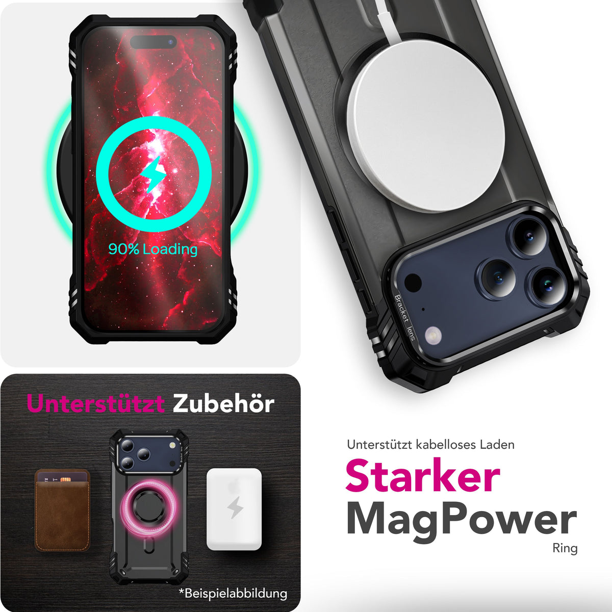 NALIA Magnetische Panzerhülle für iPhone 18 Pro / 17 Pro – MagSafe kompatibel & Kamera-Stand – GRANITE (Outdoor Schutzhülle Stoßfest) – Marke aus Berlin