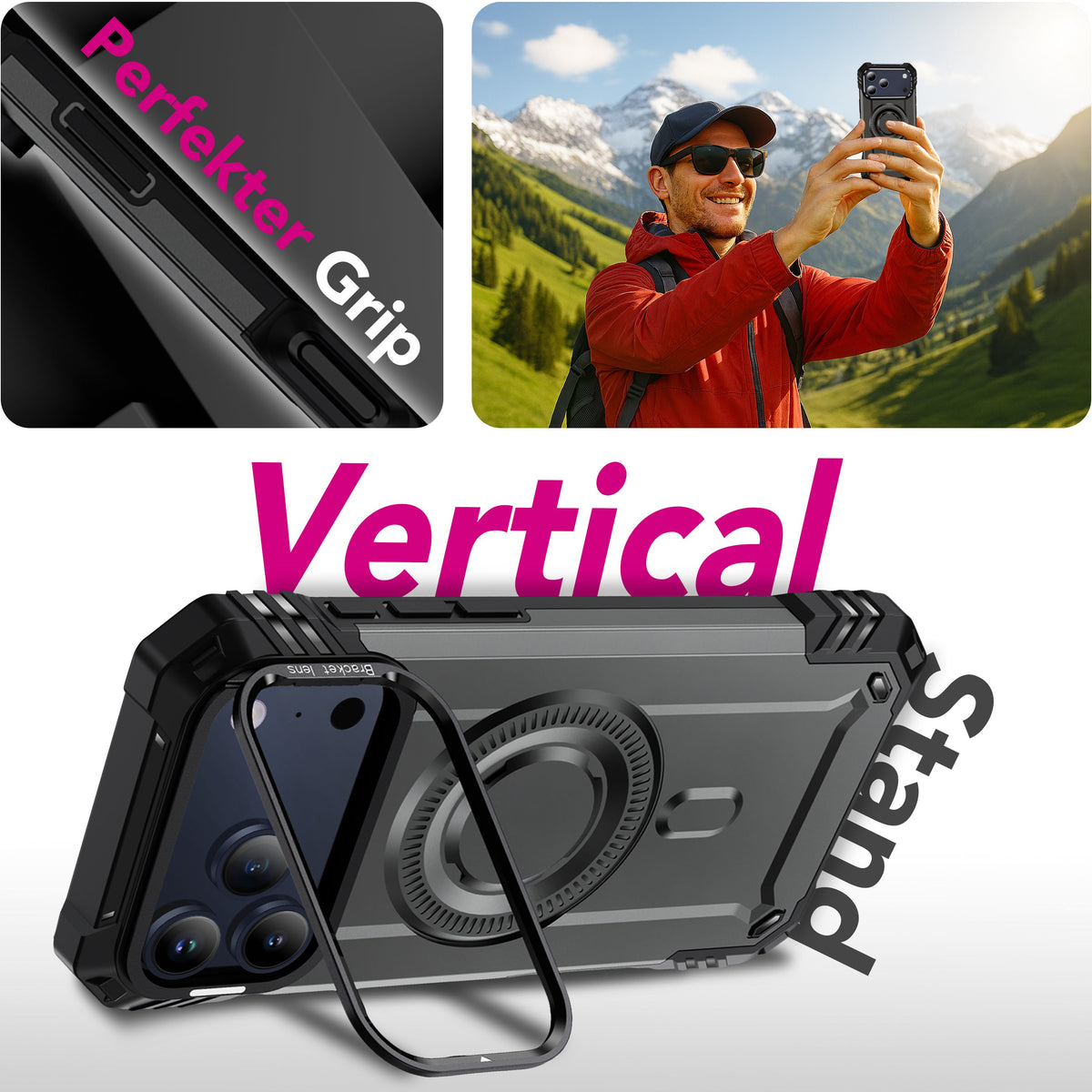 NALIA Magnetische Panzerhülle für iPhone 18 Pro / 17 Pro – MagSafe kompatibel & Kamera-Stand – GRANITE (Outdoor Schutzhülle Stoßfest) – Marke aus Berlin