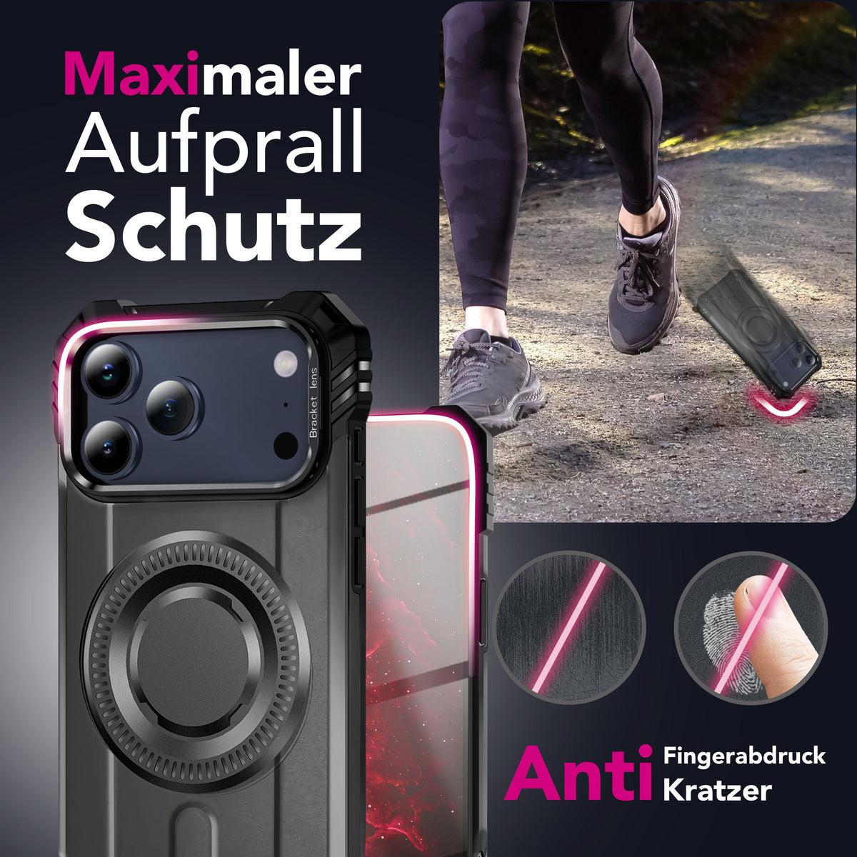 NALIA Magnetische Panzerhülle für iPhone 18 Pro / 17 Pro – MagSafe kompatibel & Kamera-Stand – GRANITE (Outdoor Schutzhülle Stoßfest) – Marke aus Berlin