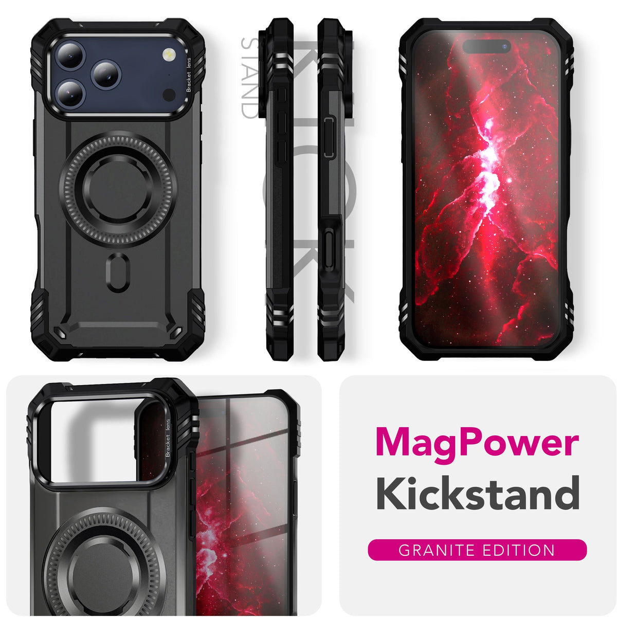 NALIA Magnetische Panzerhülle für iPhone 18 Pro / 17 Pro – MagSafe kompatibel & Kamera-Stand – GRANITE (Outdoor Schutzhülle Stoßfest) – Marke aus Berlin
