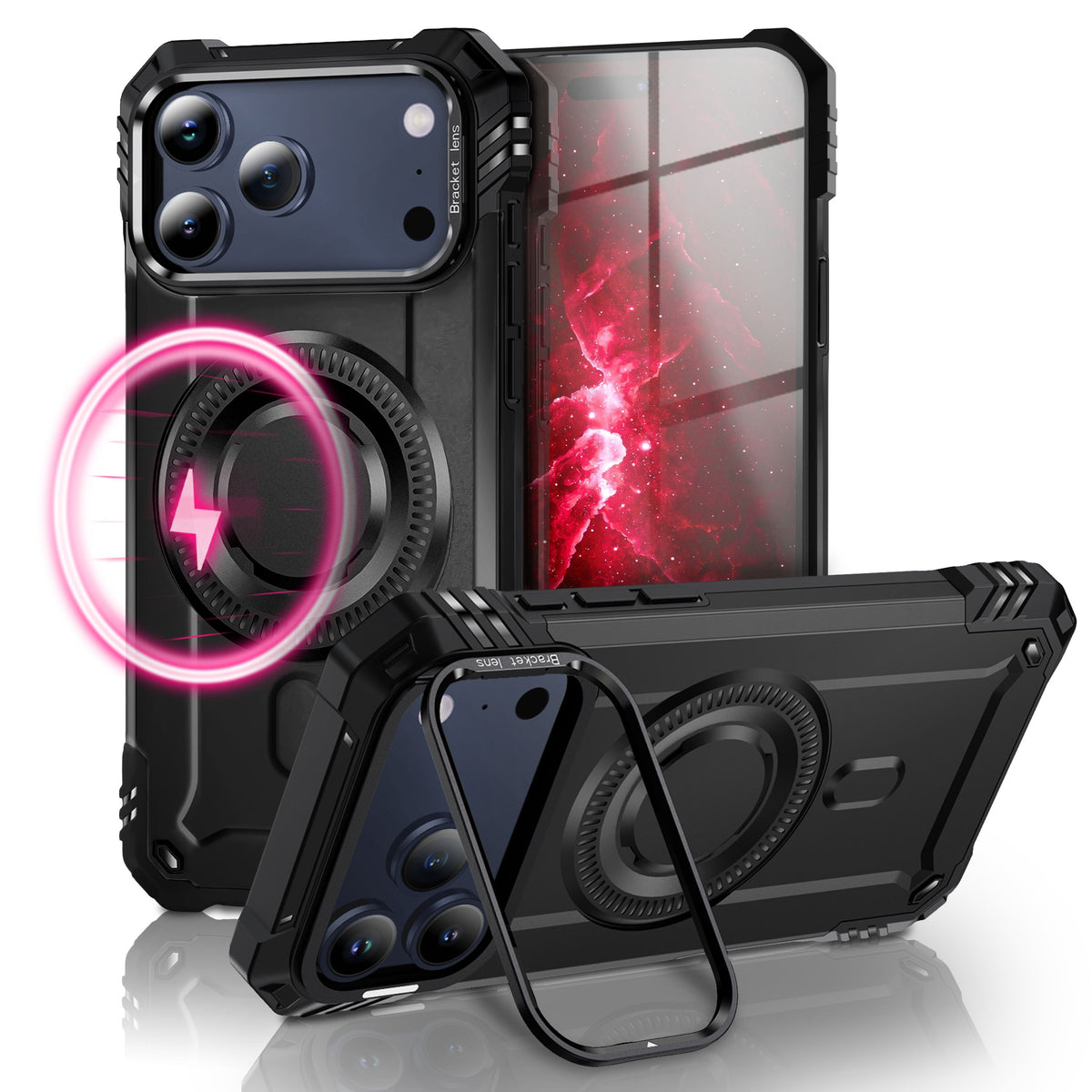 NALIA Magnetische Panzerhülle für iPhone 18 Pro / 17 Pro – MagSafe kompatibel & Kamera-Stand – GRANITE (Outdoor Schutzhülle Stoßfest) – Marke aus Berlin