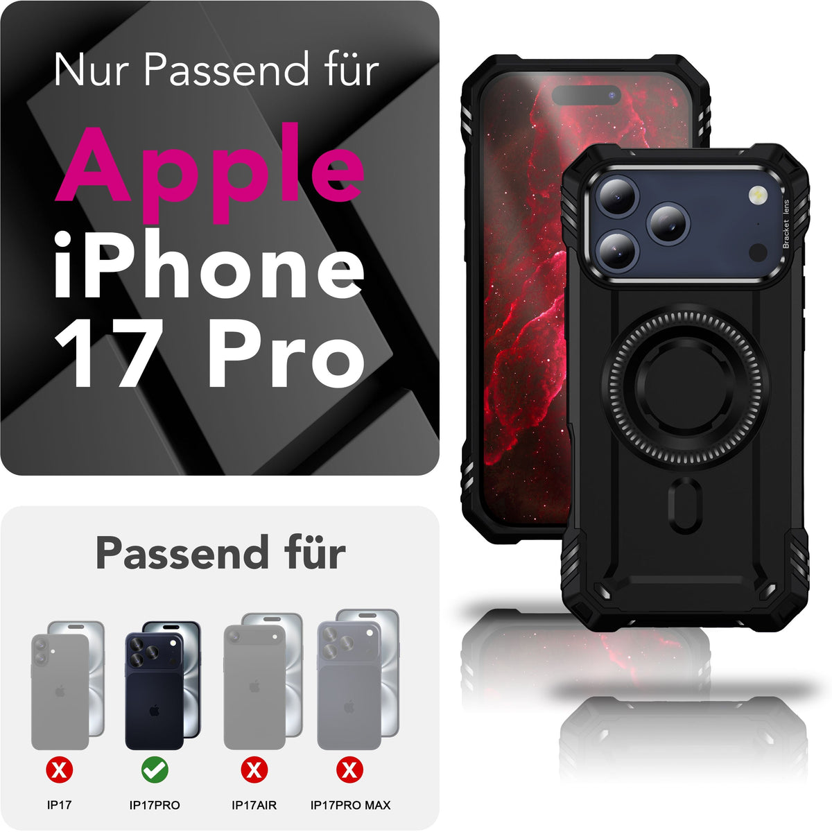 NALIA Magnetische Panzerhülle für iPhone 18 Pro / 17 Pro – MagSafe kompatibel & Kamera-Stand – GRANITE (Outdoor Schutzhülle Stoßfest) – Marke aus Berlin