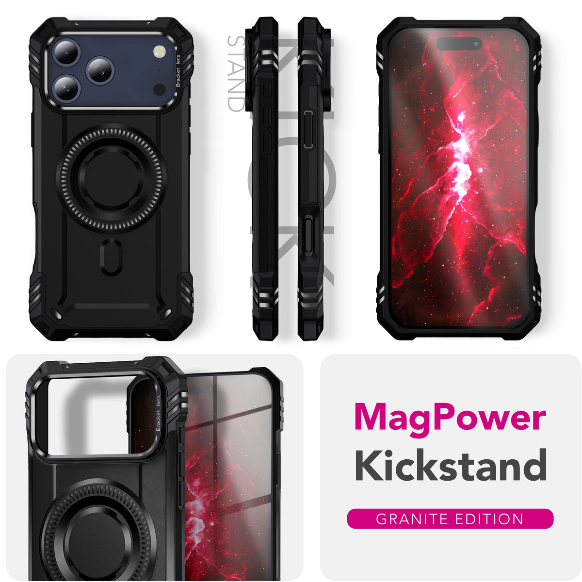 NALIA Magnetische Panzerhülle für iPhone 18 Pro / 17 Pro – MagSafe kompatibel & Kamera-Stand – GRANITE (Outdoor Schutzhülle Stoßfest) – Marke aus Berlin