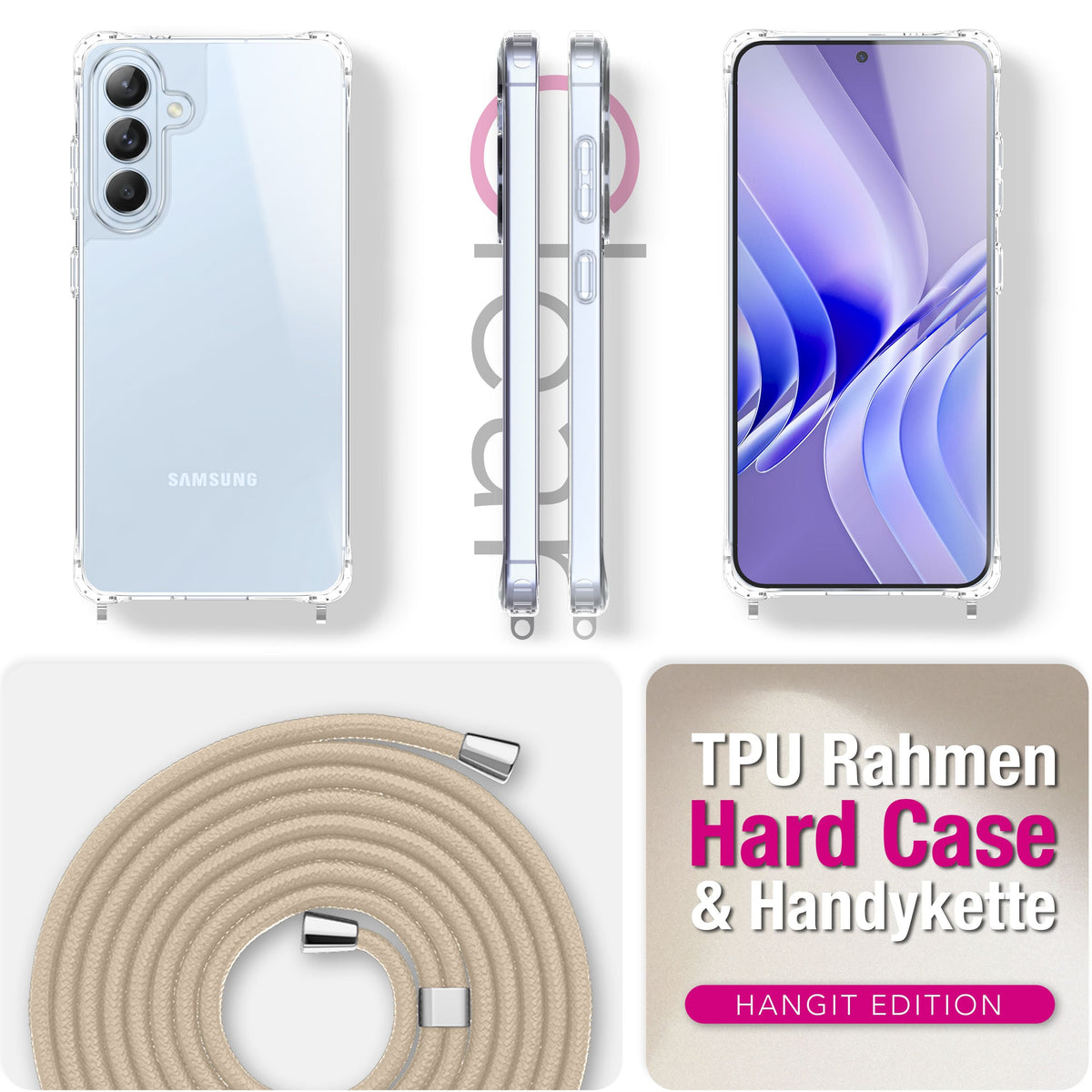 NALIA Handykette für Samsung Galaxy S26 – Transparentes Hybrid-Case & Band – HANGIT PRO (Anti-Gelb Rückseite & Verstellbar) – Marke aus Berlin