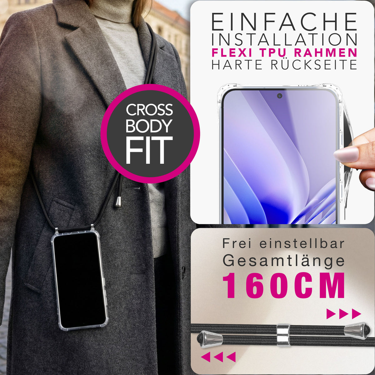 NALIA Handykette für Samsung Galaxy S26 – Transparentes Hybrid-Case & Band – HANGIT PRO (Anti-Gelb Rückseite & Verstellbar) – Marke aus Berlin