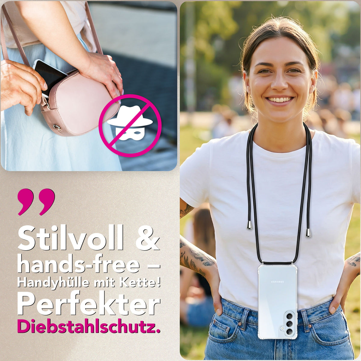 NALIA Handykette für Samsung Galaxy S26 – Transparentes Hybrid-Case & Band – HANGIT PRO (Anti-Gelb Rückseite & Verstellbar) – Marke aus Berlin