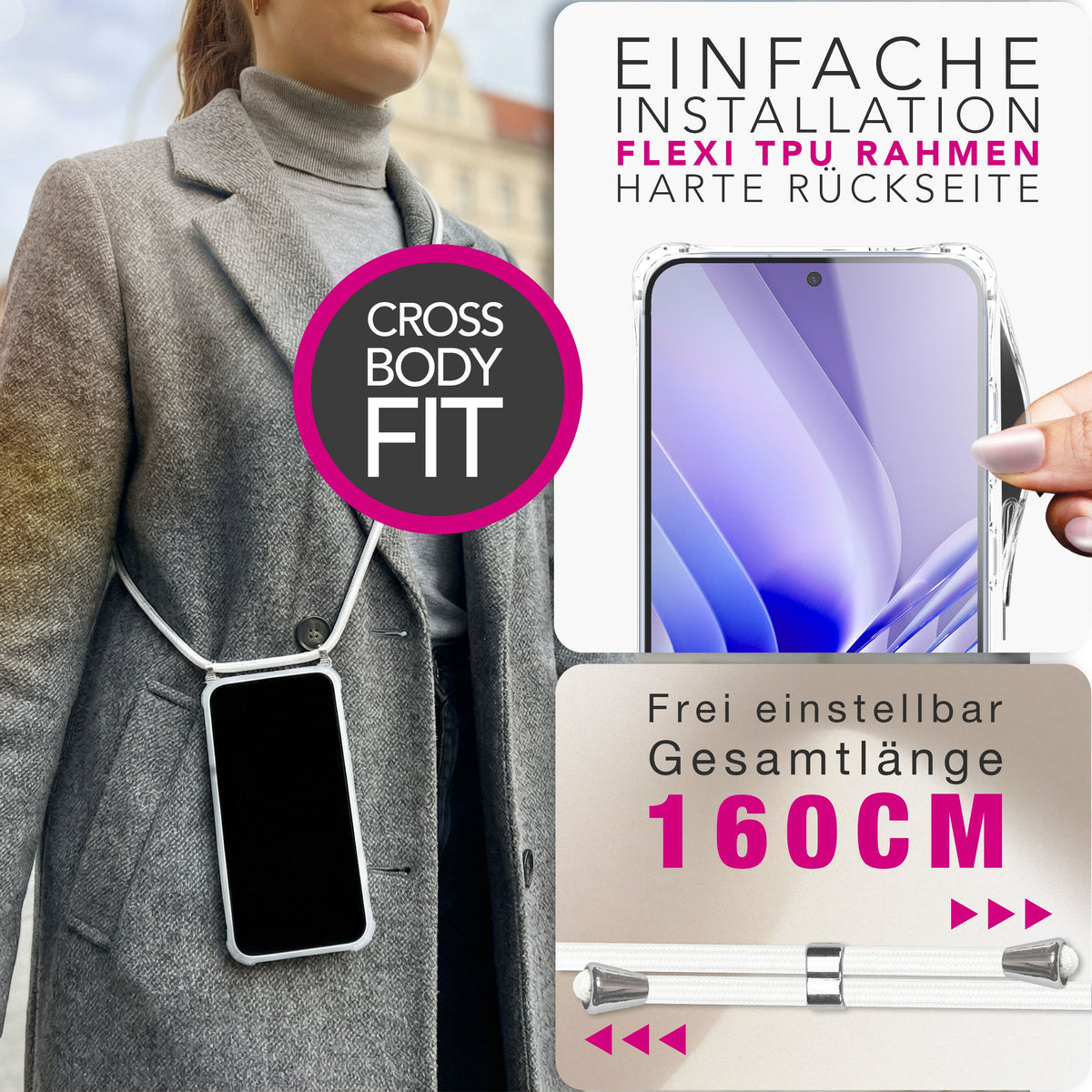 NALIA Handykette für Samsung Galaxy S26 – Transparentes Hybrid-Case & Band – HANGIT PRO (Anti-Gelb Rückseite & Verstellbar) – Marke aus Berlin