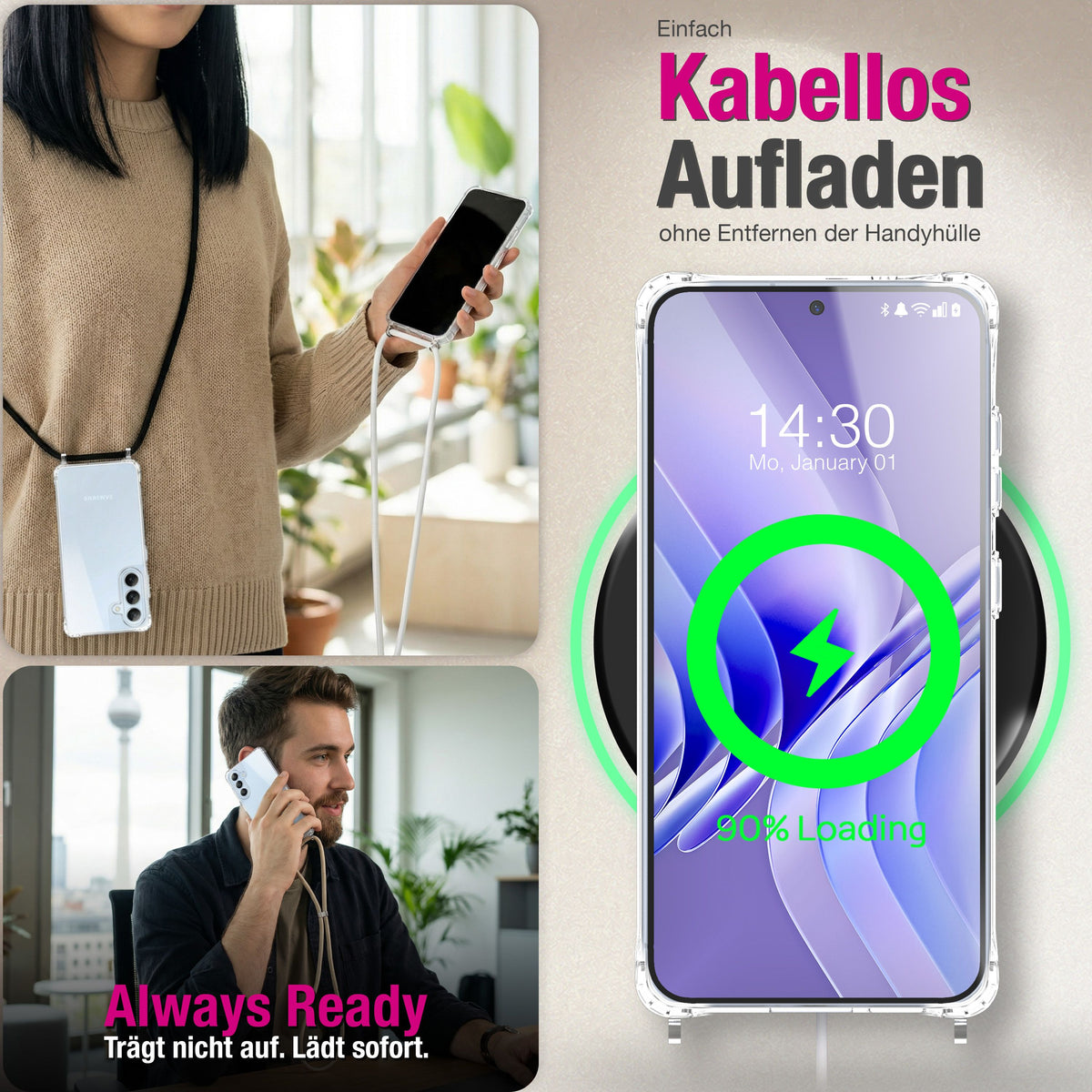 NALIA Handykette für Samsung Galaxy S26 – Transparentes Hybrid-Case & Band – HANGIT PRO (Anti-Gelb Rückseite & Verstellbar) – Marke aus Berlin