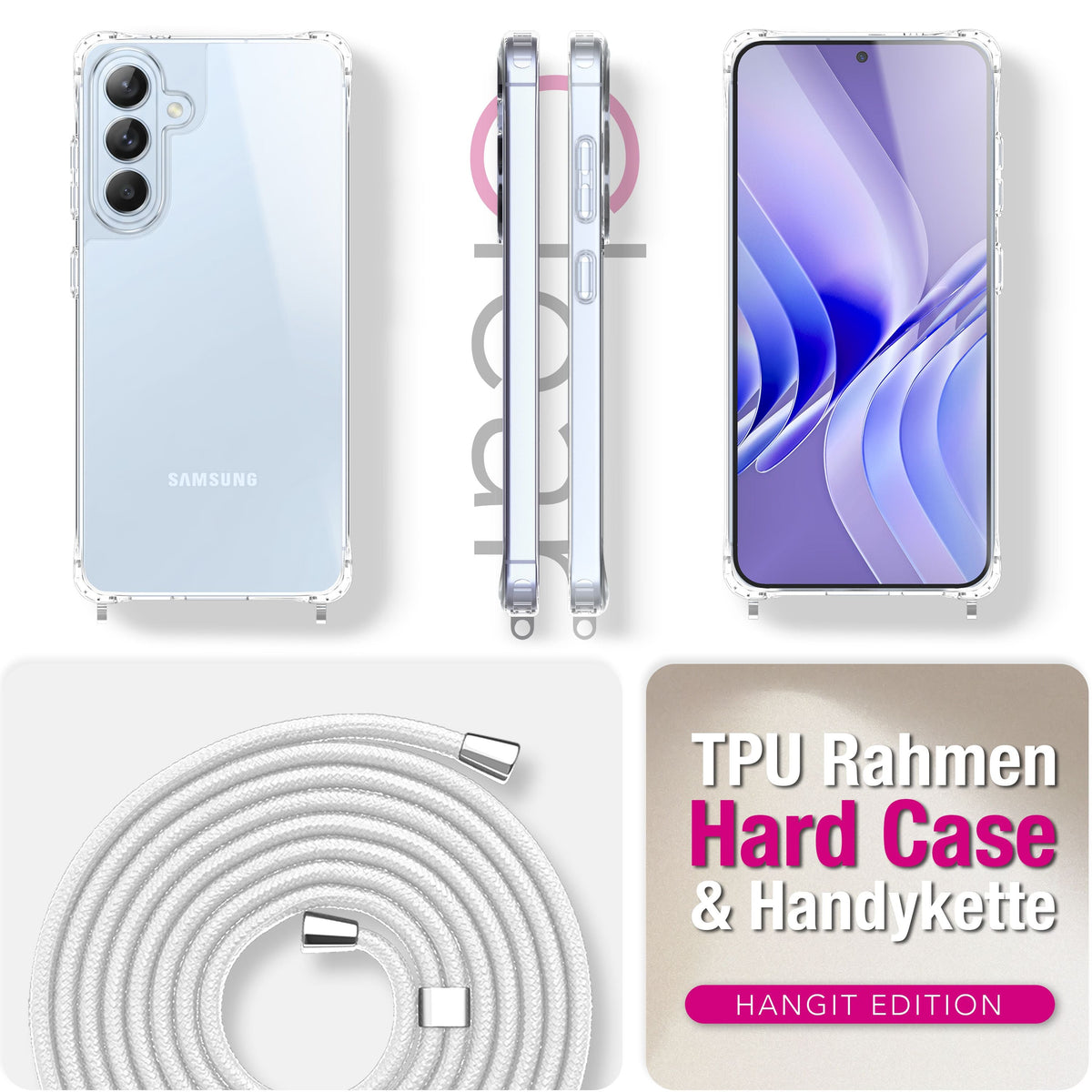NALIA Handykette für Samsung Galaxy S26 – Transparentes Hybrid-Case & Band – HANGIT PRO (Anti-Gelb Rückseite & Verstellbar) – Marke aus Berlin
