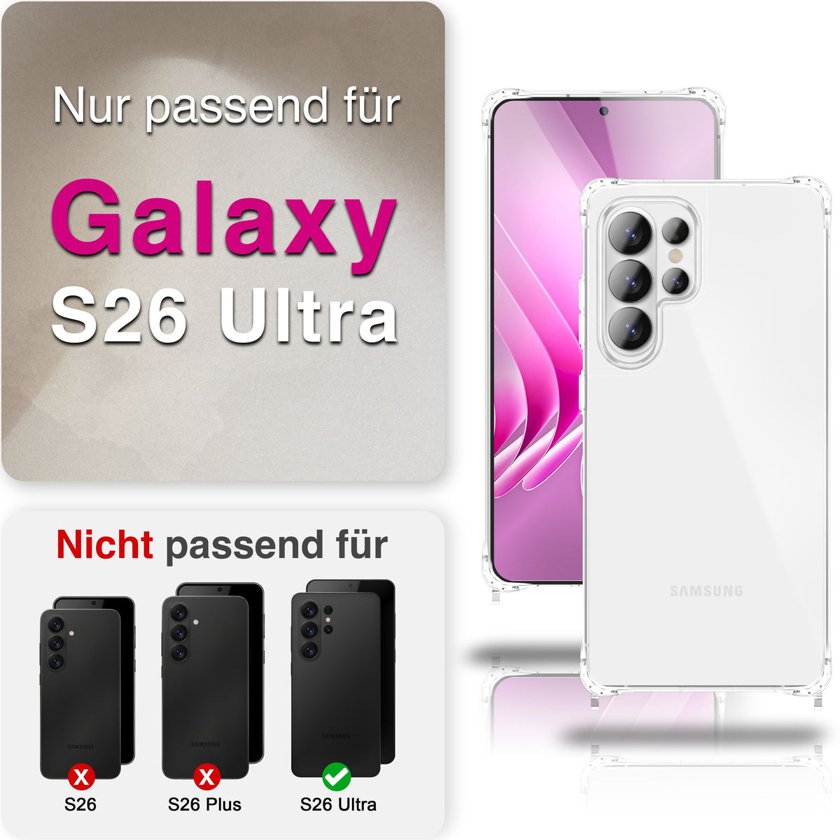 NALIA Handykette für Samsung Galaxy S26 Ultra – Transparentes Hybrid-Case & Band – HANGIT PRO (Anti-Gelb Rückseite & Verstellbar) – Marke aus Berlin