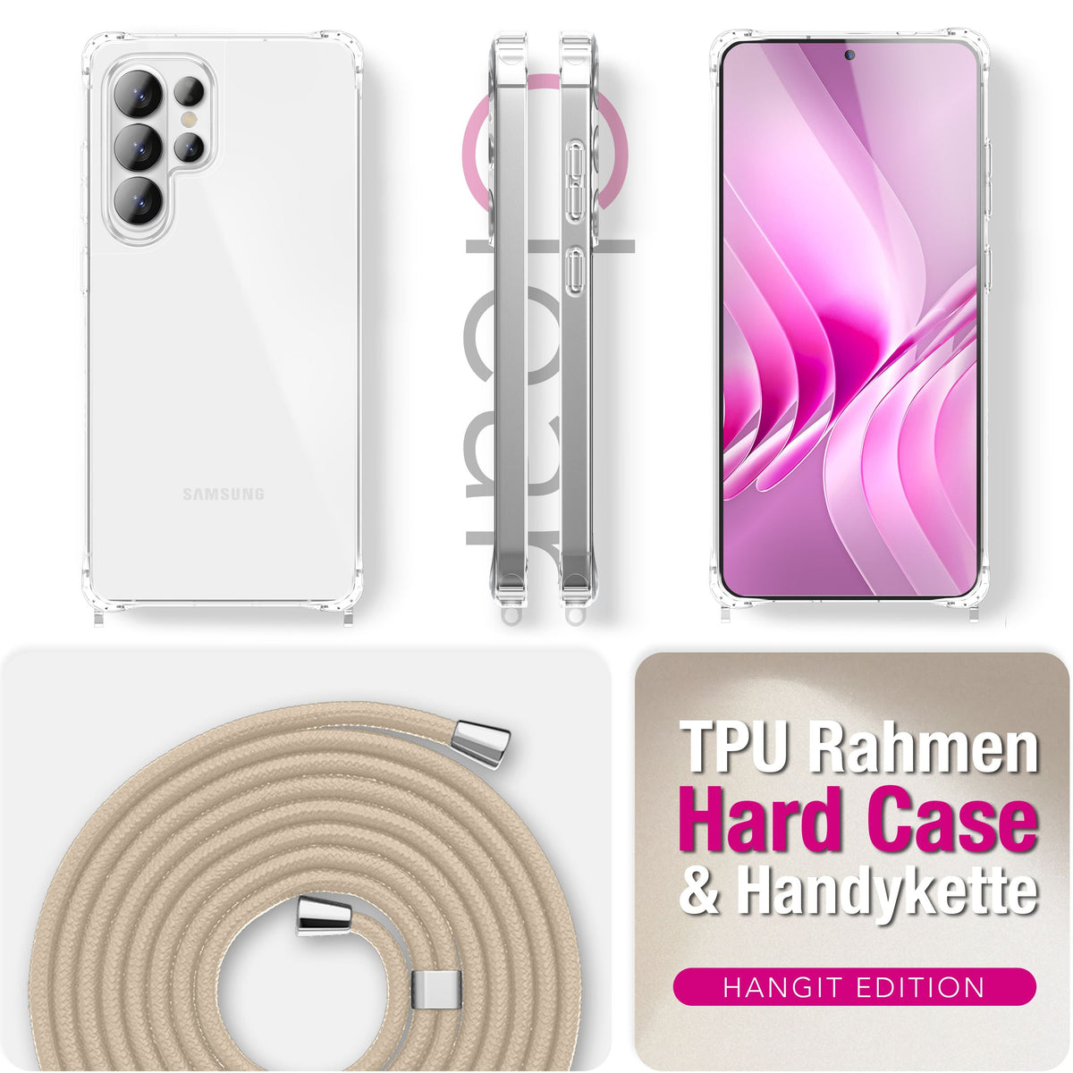 NALIA Handykette für Samsung Galaxy S26 Ultra – Transparentes Hybrid-Case & Band – HANGIT PRO (Anti-Gelb Rückseite & Verstellbar) – Marke aus Berlin