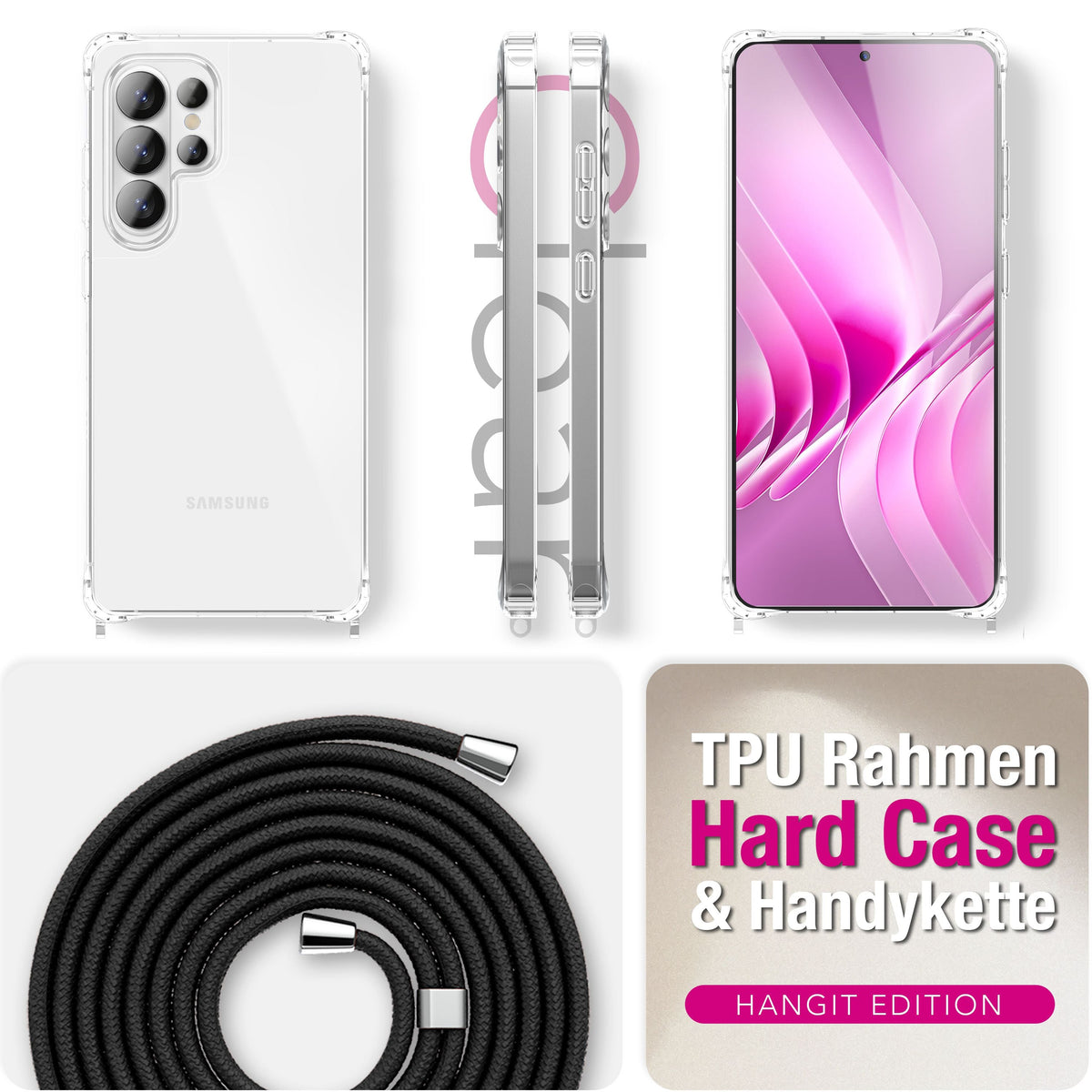 NALIA Handykette für Samsung Galaxy S26 Ultra – Transparentes Hybrid-Case & Band – HANGIT PRO (Anti-Gelb Rückseite & Verstellbar) – Marke aus Berlin