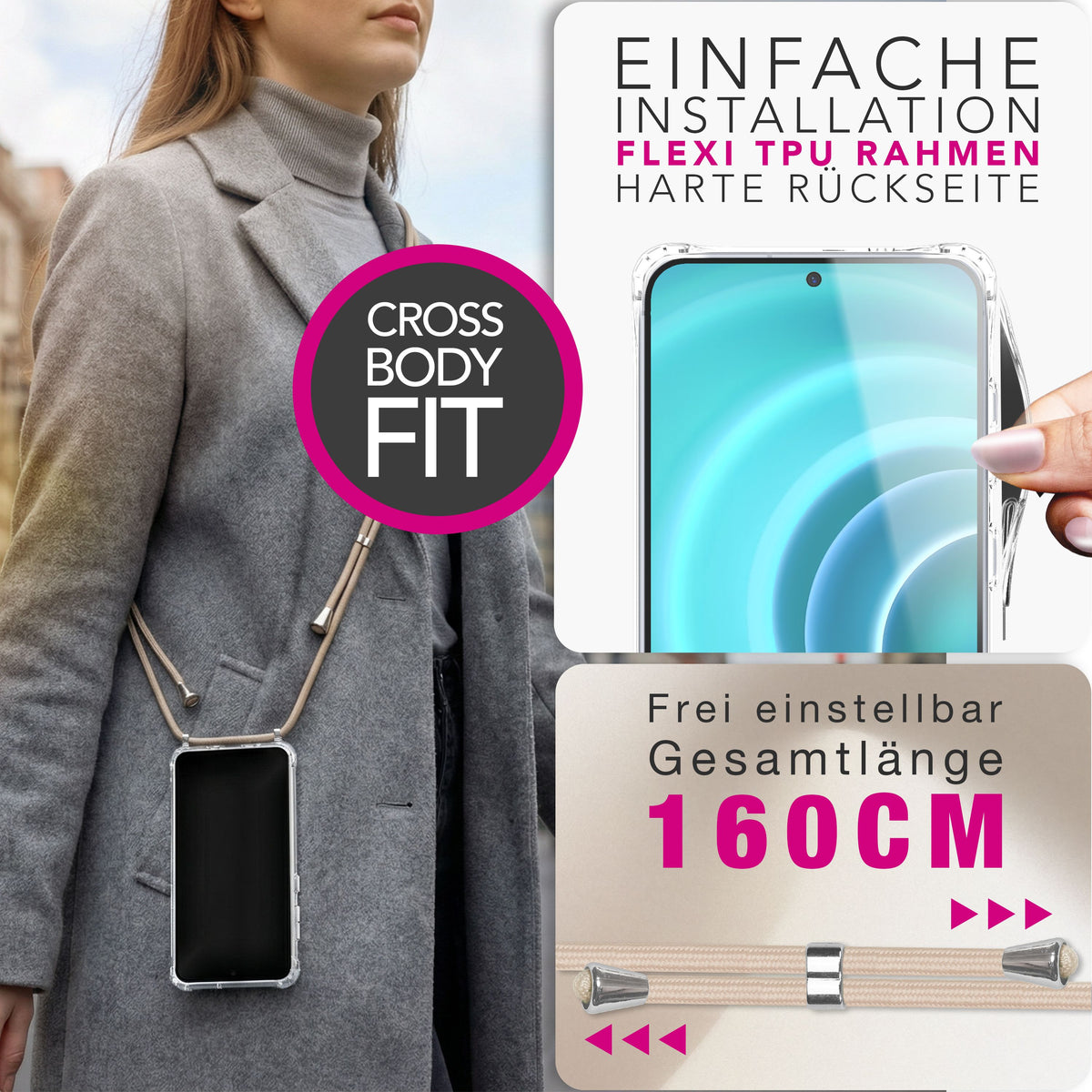 NALIA Handykette für Samsung Galaxy A37 – Transparentes Hybrid-Case & Band – HANGIT PRO (Anti-Gelb Rückseite & Verstellbar) – Marke aus Berlin
