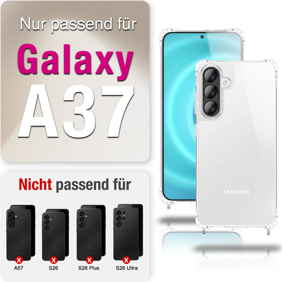 NALIA Handykette für Samsung Galaxy A37 – Transparentes Hybrid-Case & Band – HANGIT PRO (Anti-Gelb Rückseite & Verstellbar) – Marke aus Berlin