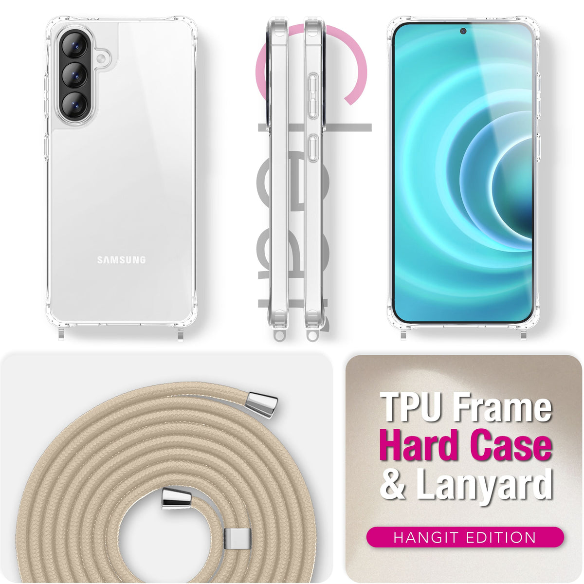 NALIA Handykette für Samsung Galaxy A37 – Transparentes Hybrid-Case & Band – HANGIT PRO (Anti-Gelb Rückseite & Verstellbar) – Marke aus Berlin